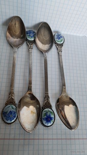 С 1 РУБЛЯ ! ЛОТ 4 ЛОЖКИ ЧАЙНЫЕ ЭМАЛЬ ПОСЕРЕБРЕНИЕ ЦВЕТОК ВАСИЛЁК