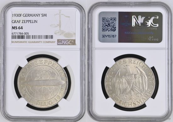 5 рейхсмарок 1930 год Полёт дирижабля Граф Цеппелин. Очень редкие! Красивое коллекционное состояние! Штемпельный блеск! Грейд NGC MS64