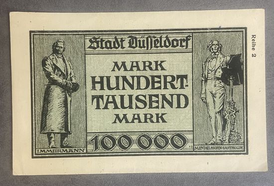 Банкнота 100000 марок 1923 год. Дюссельдорф. Веймарская республика.