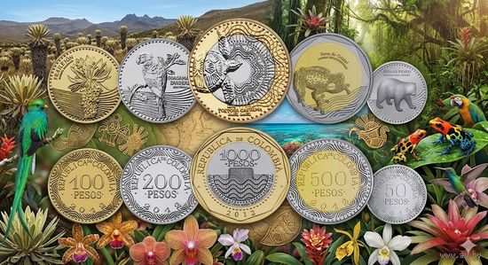 Колумбия набор монет 50, 100, 200, 500, 1000 песо, UNC. Медведь. Попугай. Жаба. Морская черепаха. Сторгуй за свою цену, предложи обмен!