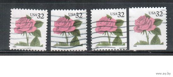 США-1995 (Мих.2571 BA+BD+ВЕ) , гаш. , Стандарт, Цветы, Роза ,(одиночка), 4 зубцовки