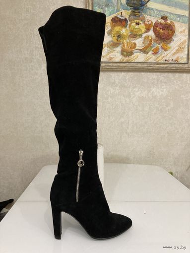 Стильные сапоги ботфорты, р 39, устойчивый каблук 10 см, замша, Италия