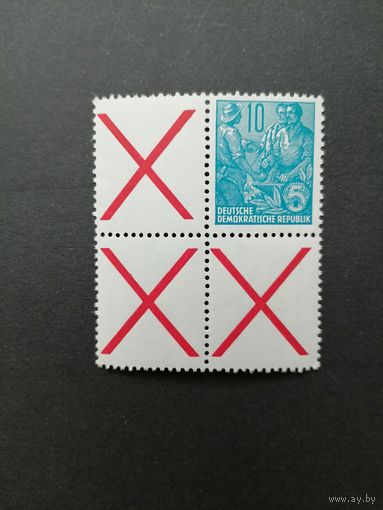 ГДР 1955 Сцепка кварт блоком из марок стандарта "Пятилетка" (чистая**) Mi.453x+Z+Z+Z