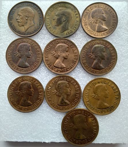1 пенни 1936, 1949, 1953, 1961 - 1967 год Великобритания