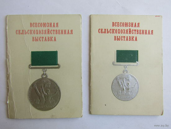 Удостоверения на одного человека к малой и большой серебряным медалям "За успехи в социалистическом сельском хозяйстве". Всесоюзная сельскохозяйственная выставка 1958 г". ВДНХ. ВСХВ СССР.