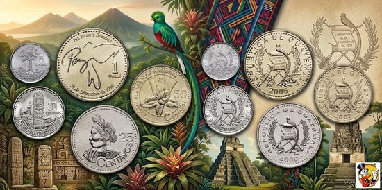 Гватемала набор монет 5, 10, 25, 50 центавос, 1 Кетсаль, UNC. Сторгуй за свою цену, предложи обмен!