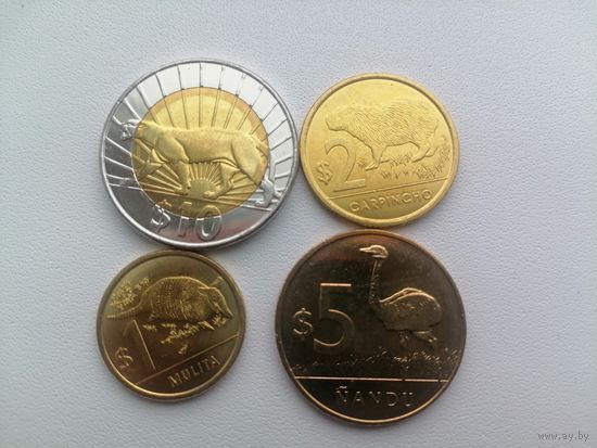 Уругвай 4 монеты, чек. блеск, животные с рубля