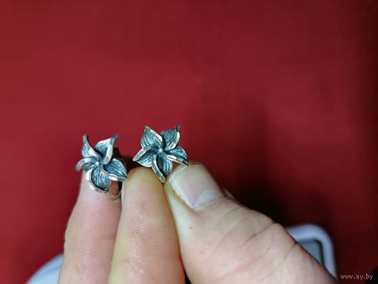 С рубля без мц. серьги "Цветочки", зубр925пр. длина 2см. диам цветочков 1.5см.