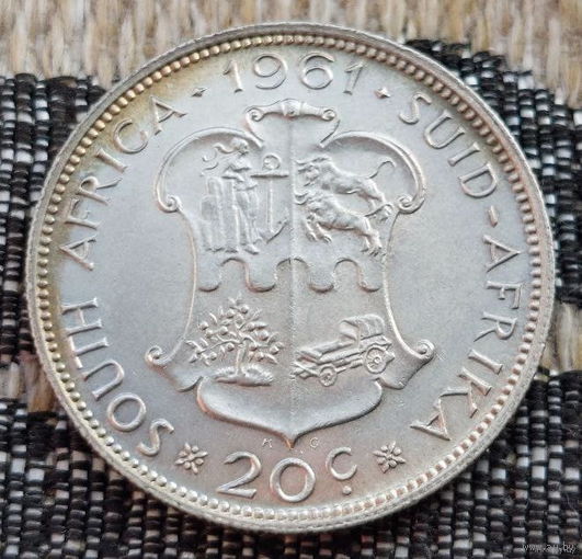 ЮАР 20 центов 1961 года, UNC. Герб. Серебро. Сторгуй за свою цену, предложи обмен! S20
