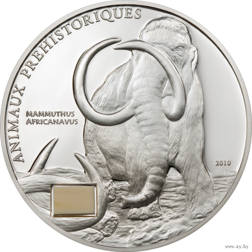 RARE Кот-Д'Ивуар 1000 франков 2010г. "Мамонт. Фрагмент бивня". Монета в капсуле; сертификат. СЕРЕБРО 25гр.