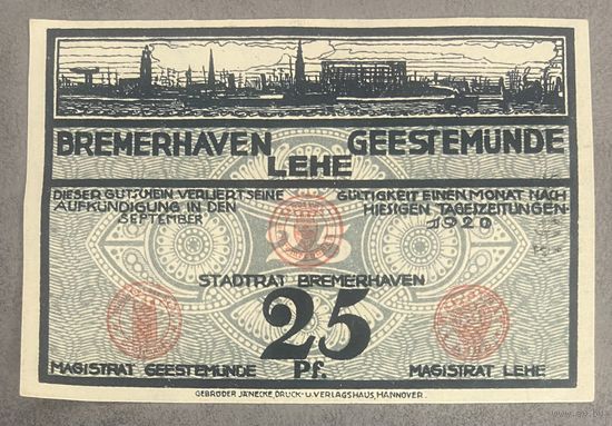 Нотгельд , 25 пфеннигов, 1921год Бремерхафен. Веймарская республика