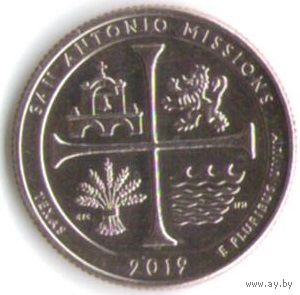 25 центов 2019 г. Парк=49 Национальный исторический парк Миссии Сан-Антонио Техас Двор D _состояние UNC