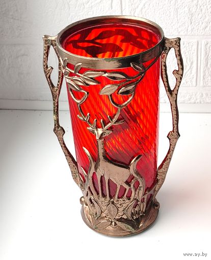 Ваза Олени. Цветное стекло в металлической оправе СССР.