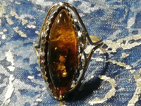 Кольцо перстень СССР. Янтарь в филигранной оправе. 3,15 гр.