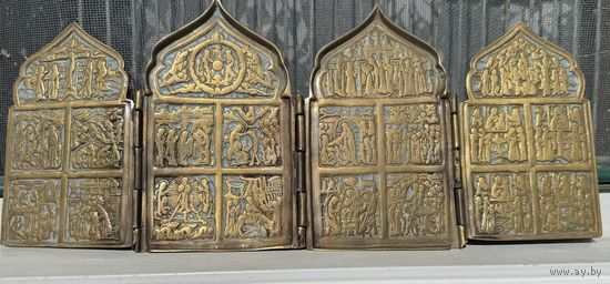 Складень старинный 4-х створчатый "Двунадесятые Праздники" с Эмалью