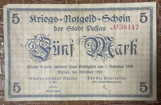 Банкнота 5 марок 1918 год. Пассау. Веймарская республика.