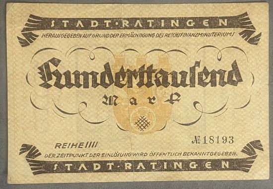 Банкнота 100000 марок 1923 год. Ратинген. Веймарская республика.