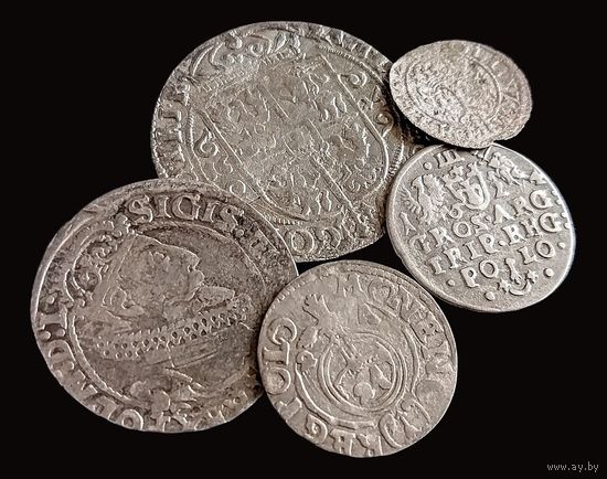 5 МОНЕТЫ РП 1624 г. (6 ГРОШЕЙ, 3 ГРОША, ОРТ, ПОЛТОРАК, СОЛИД) СИГИЗМУНД III (1587-1632г.г.)