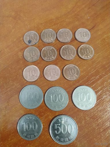 Монеты Южная Корея 500, 100, 10 вон, лотом.