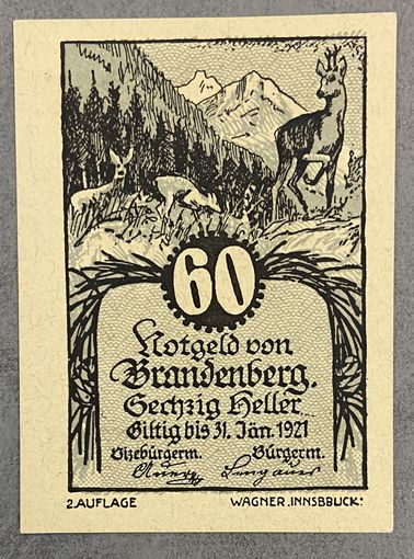 Нотгельды Австрия Бранденберг 60 геллеров 1921 год.