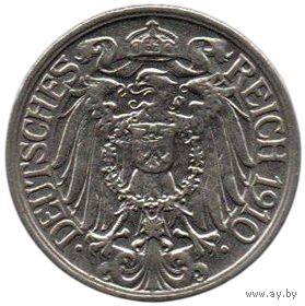 Германская Империя. II Рейх. 25 пфеннигов 1910 г. А. Редкая