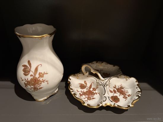 Ваза и Менажница Золотой Букет Роза Тюльпан Ильменау Германия 50-е