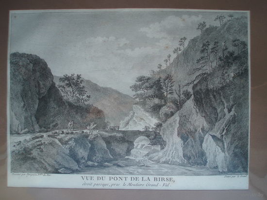 Офорт Вид на реку и мост в горах. Гравюра 1780-е годы.