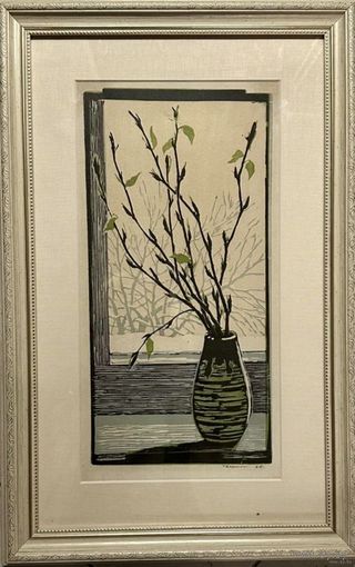 Денисов Г.И "Скоро весна" , линогравюра. Размер 33х51 см. с рамой и паспарту.