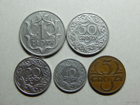 Польша 1 злотый,50,20,10 и 5 грошей 1923-37г.