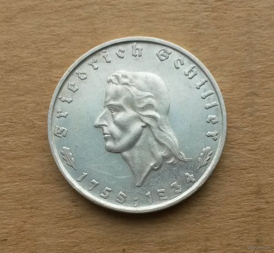 Германия, 2 марки 1934 г., серебро 0.625, 175 лет со дня рождения Фридриха Шиллера