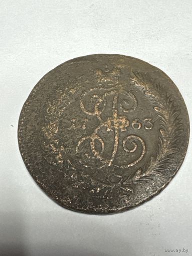 2 копейки 1763 год, сам, перечекан, редкая, хороший сохран
