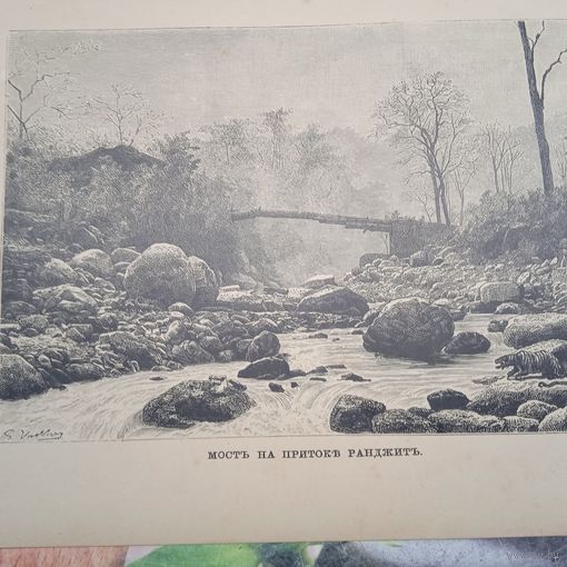МОСТЪ НА ПРИТОКЕ РАНДЖИТЪ. гравюра конец 19в.-20в.  27х17.5см.