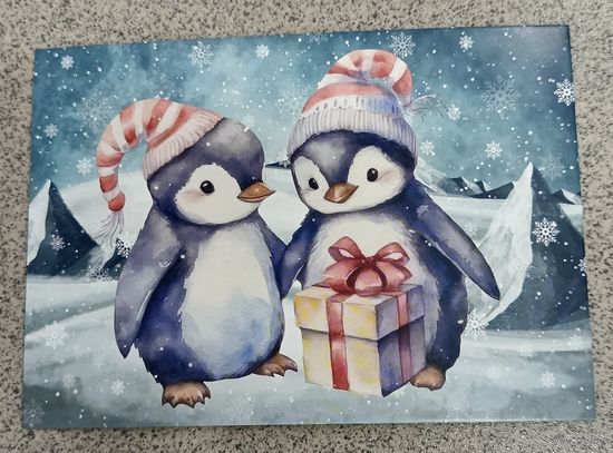 Открытка пингвины с подарком, новый год. Чистая