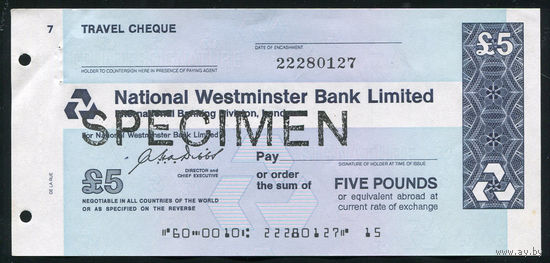 Дорожный чек Образец 5 фунтов стерлингов Банк Westminster Bank