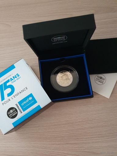 Франция 2 евро 2021 PROOF 75 лет ЮНИСЕФ в футляре