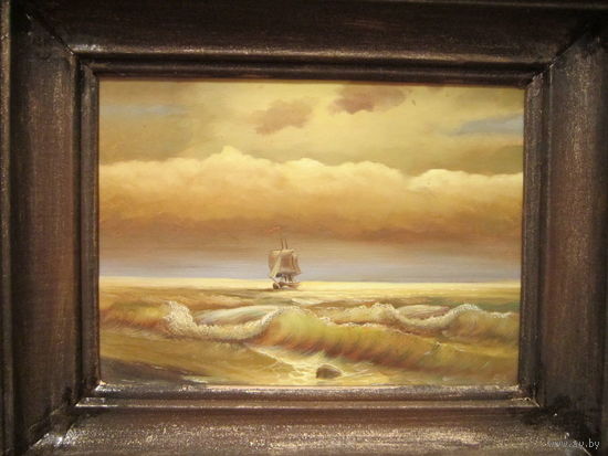 Картина старая. Масло .  Море . Корабль