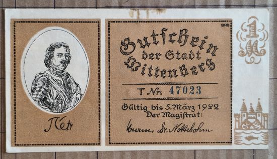 Германия 1 марка 1922 г Виттенберг, N 1443.3, литера Т