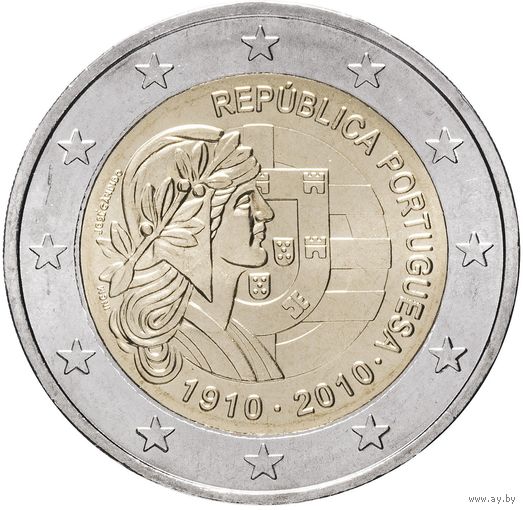 2 евро 2010 Португалия 100 лет Португальской республике UNC из ролла