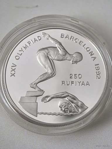 Мальдивы 250 руфий, 1990 XXV Летние Олимпийские игры 1992 Барселона - Плавание. унцовка..