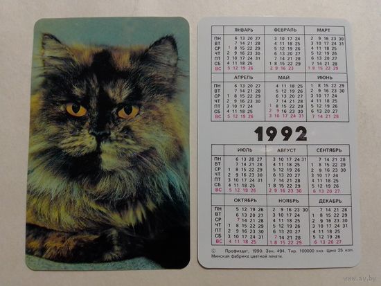 Карманный календарик. Котик.1992 год