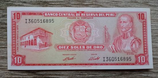 Werty71 Перу 10 солей золотом 1973 аUNC банкнота Пятно Гарсиласо Инка де ла Вега Дом Веги в Куско Озеро Титикака
