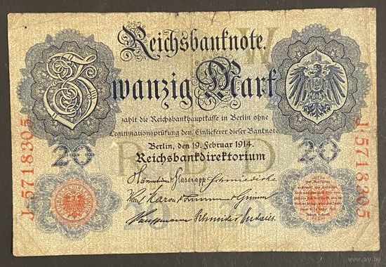 Банкнота 20 марок 1914 год. Германская империя.