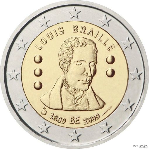2 евро 2009 Бельгия Луи Брайль UNC из ролла