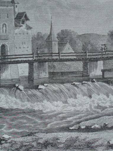 Офорт Вид на мельницу и город Бремгартен. Гравюра 1780-е годы. #3/2