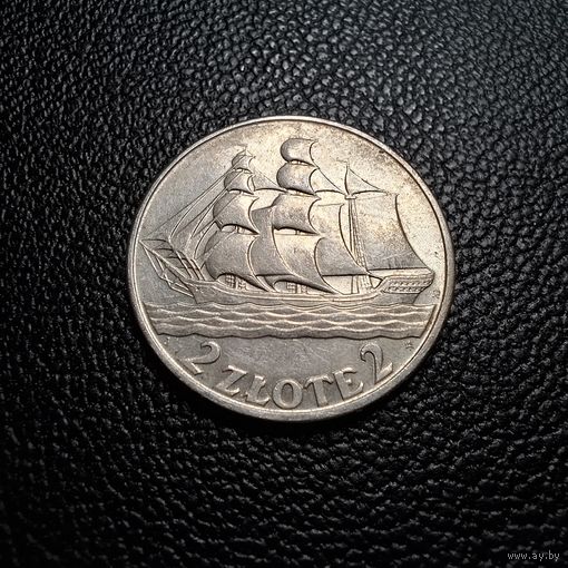 2 злотых 1936 15 лет морскому порту Гдыня кораблик состояние блеск