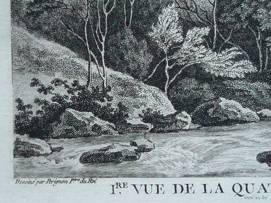 Офорт Вид на реку в горах. Гравюра 1780-е годы. #5/1