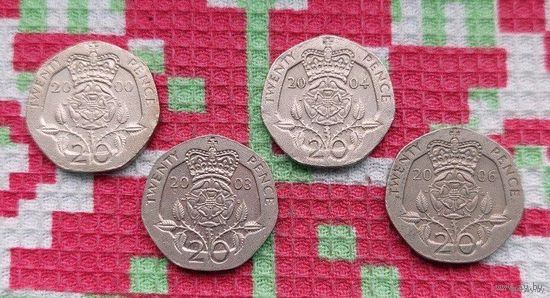 Великобритания 20 пенни 2000, 2004, 2006 года (3), UNC. Королева Елизавета II.