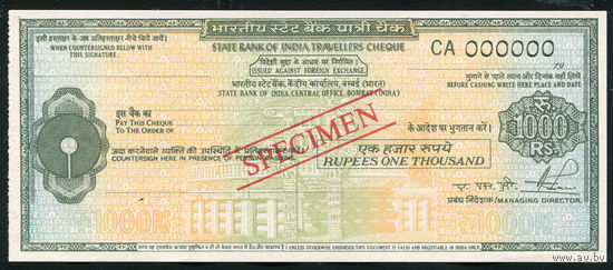 Дорожный чек 1000 рупий Образец Bank of India Индия