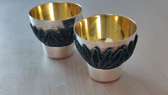 Стопки Славянские .Мельхиор ,посеребрение,позолота.Скань