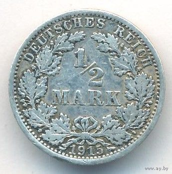 Германия 1/2 марки 1915 год А Ag _состояние VF